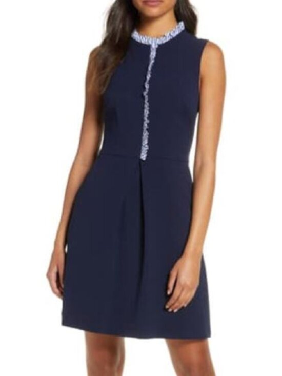 Eliza J Dresses & Skirts - Eliza J Ruffle Striped Trim Sleeveless Crepe Navy Blue Above The Knee Dress sz 8
